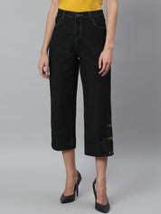 Kotty Women Black Solid Cotton High-Rise Crop Flared Jeans