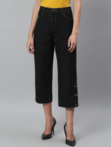 Kotty Women Black Solid Cotton High-Rise Crop Flared Jeans