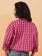 Kotty Checked Spread Corllar Drop-Shoulder Sleeves Longline Shirt