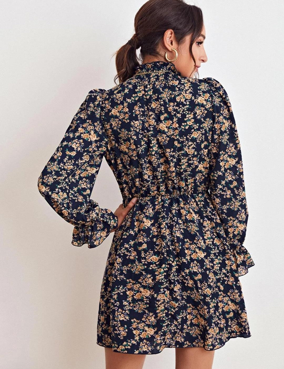 Kotty Navy Blue & Beige Floral Printed Bell Sleeves Fit & Flare Dress