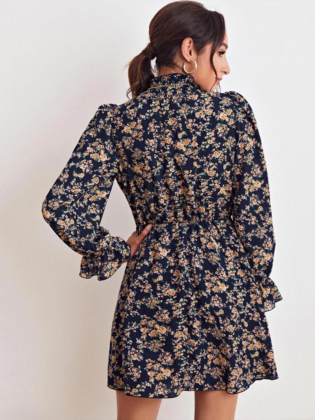 Kotty Navy Blue & Beige Floral Printed Bell Sleeves Fit & Flare Dress
