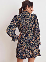 Kotty Navy Blue & Beige Floral Printed Bell Sleeves Fit & Flare Dress