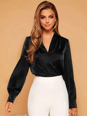 Kotty Black V-Neck Cuffed Sleeve Satin Top