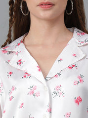 Kotty White & Pink Relaxed Floral Printed Cuban Collar Satin Casual Shirt