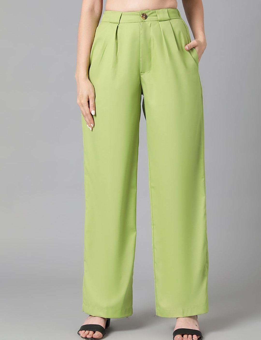 Kotty Women Green Relaxed Straight Leg High-Rise Easy Wash Pleated Parallel Trousers