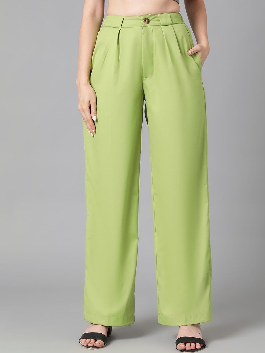 Kotty Women Green Relaxed Straight Leg High-Rise Easy Wash Pleated Parallel Trousers