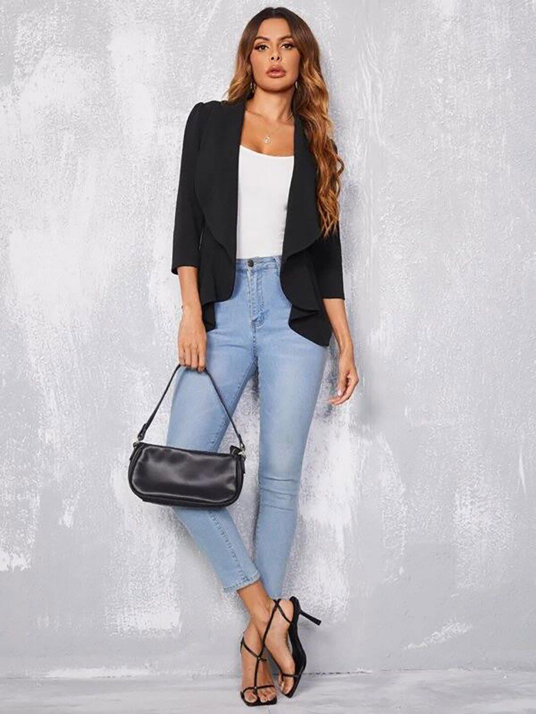 Kotty Shawl Collar Puff Sleeves Open Front Jacket