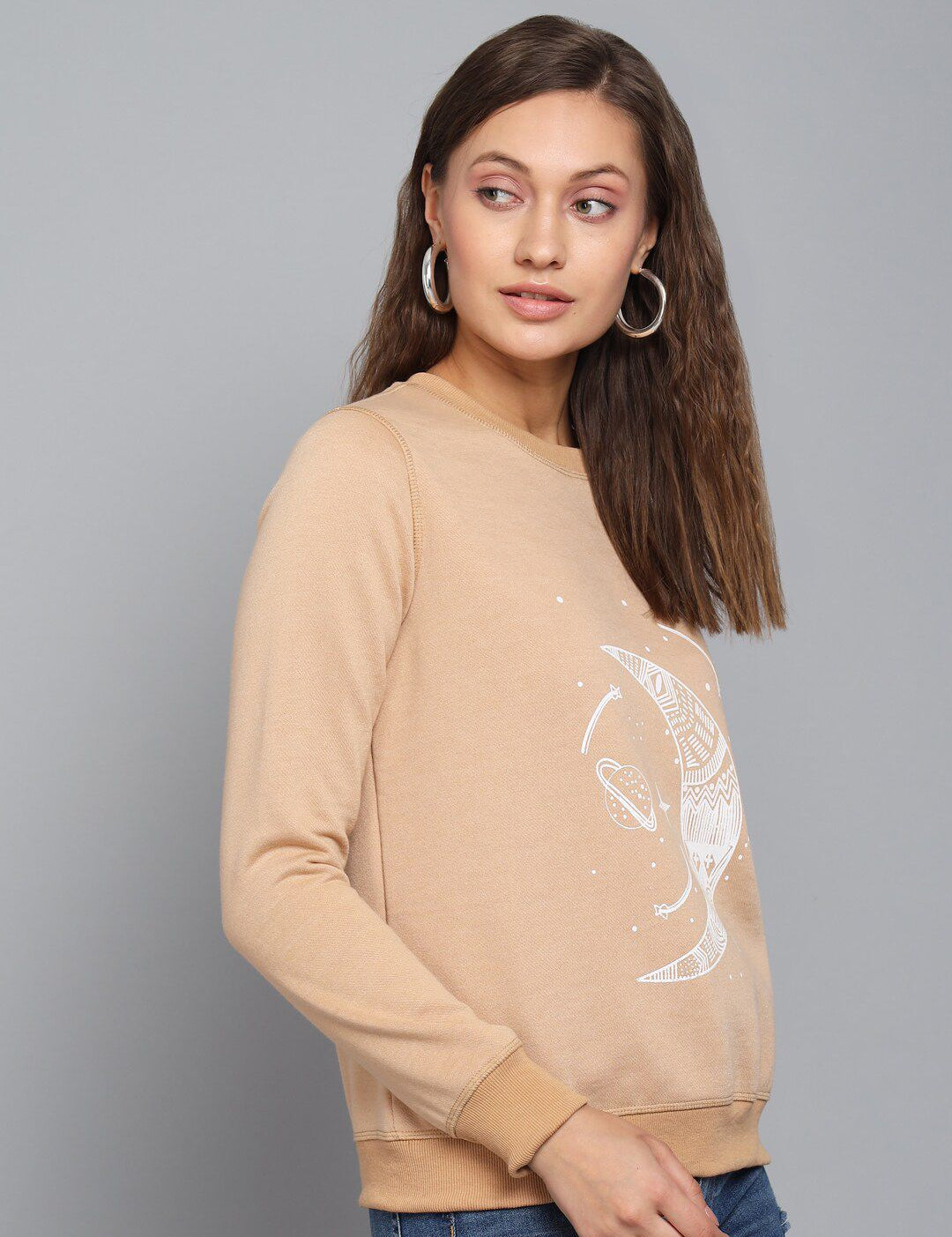 Kotty Women Beige Printed Round Neck Sweatshirt