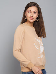 Kotty Women Beige Printed Round Neck Sweatshirt