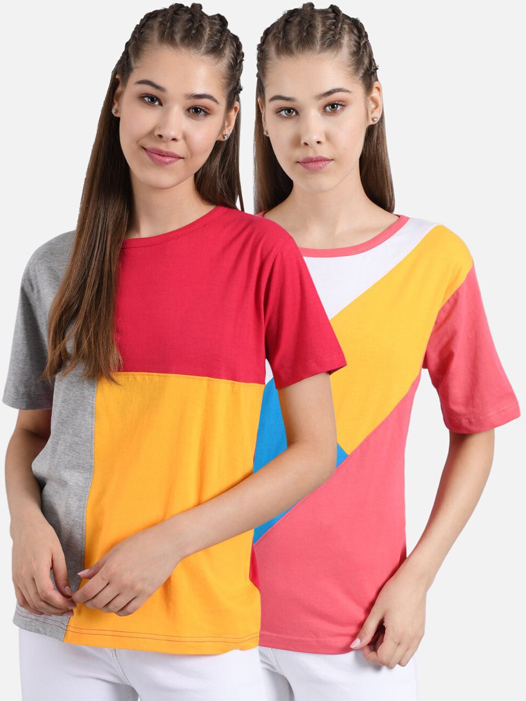 Kotty Women Pack Of 2 Colourblocked Round Neck T-shirts