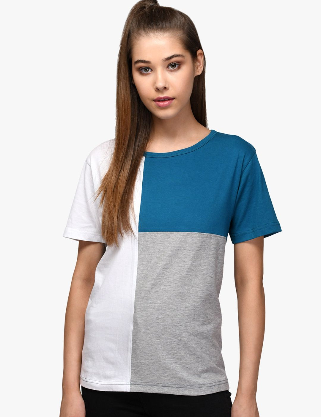 Kotty Women Blue & Grey Colourblocked Round Neck T-shirt