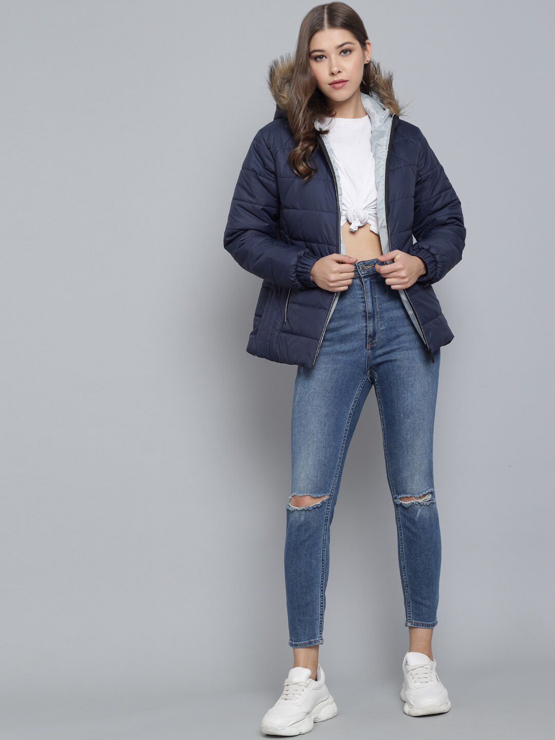 Kotty Women Navy Blue Floral Insulator Outdoor Puffer Jacket