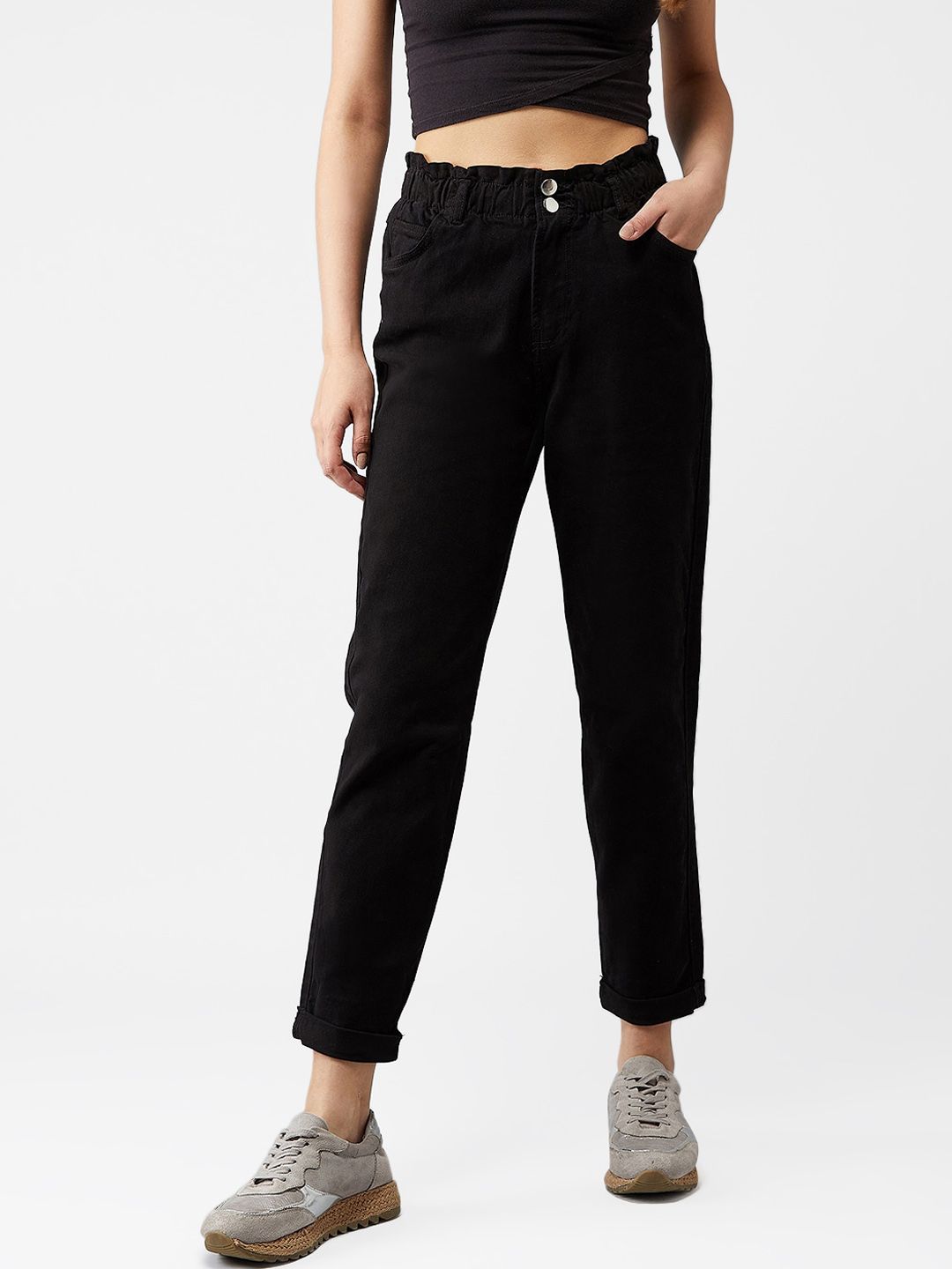 Kotty Women Black Boyfriend Fit High-Rise Clean Look Jeans