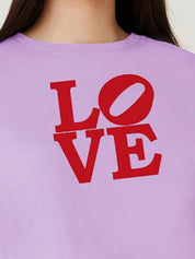 Kotty Purple Typography Printed Drop-Shoulder Sleeves Cotton Oversized Crop T-shirt