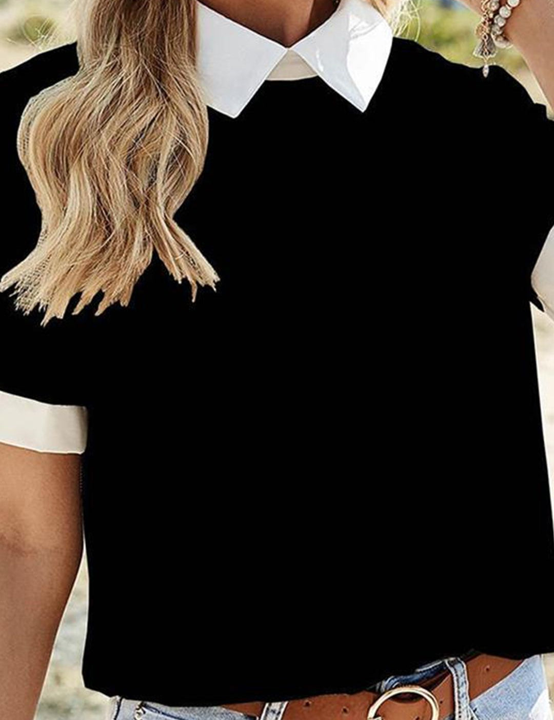 Kotty Black Shirt Collar Short Sleeves Shirt Style Top