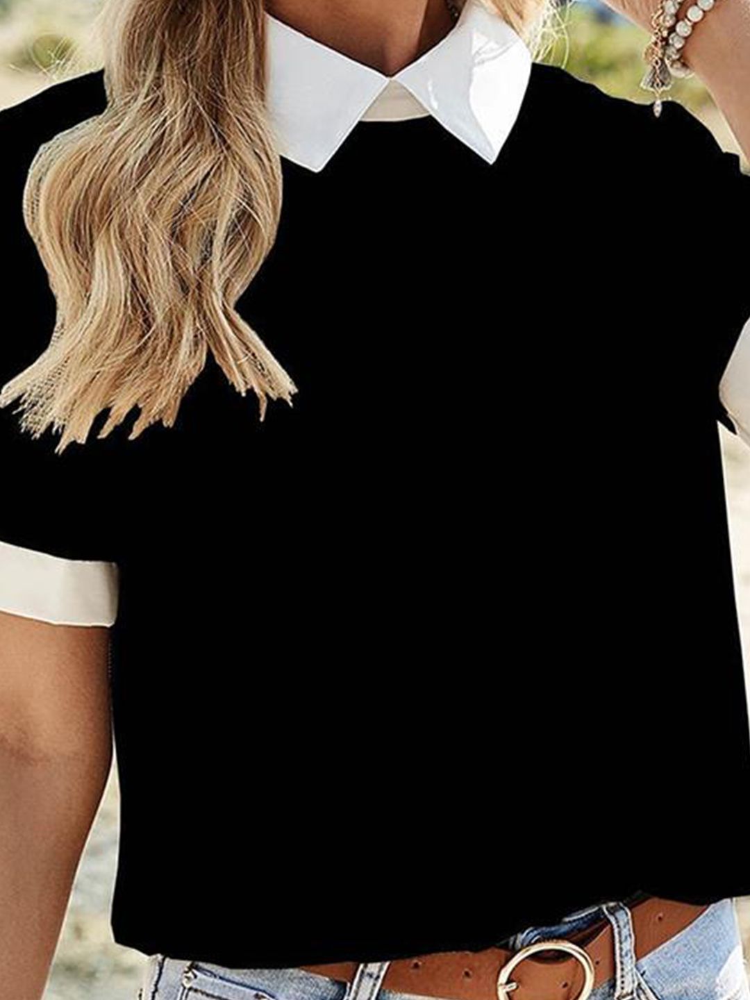 Kotty Black Shirt Collar Short Sleeves Shirt Style Top