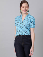 Kotty Blue Polka Dot Print Mandarin Collar Puff Sleeve Crepe Top