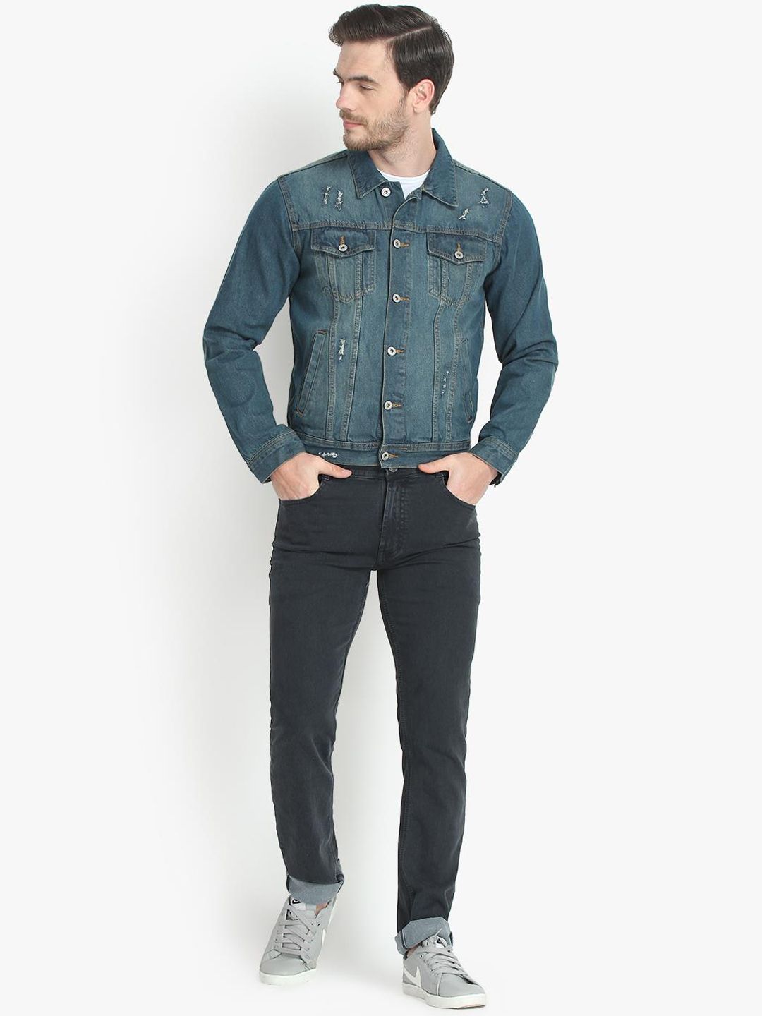 Kotty Men Blue Solid Denim Jacket