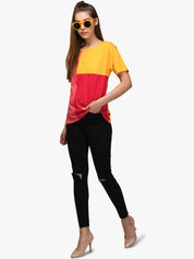 Kotty Women Yellow & Red Colourblocked Boat Neck T-shirt