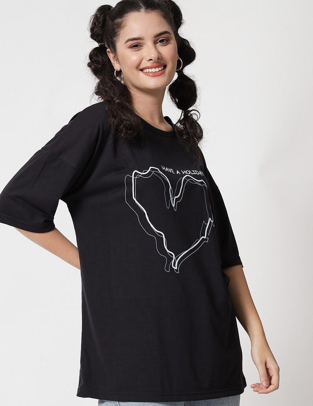 Kotty Women Black Typography Printed Extended Sleeves Oversized T-shirt
