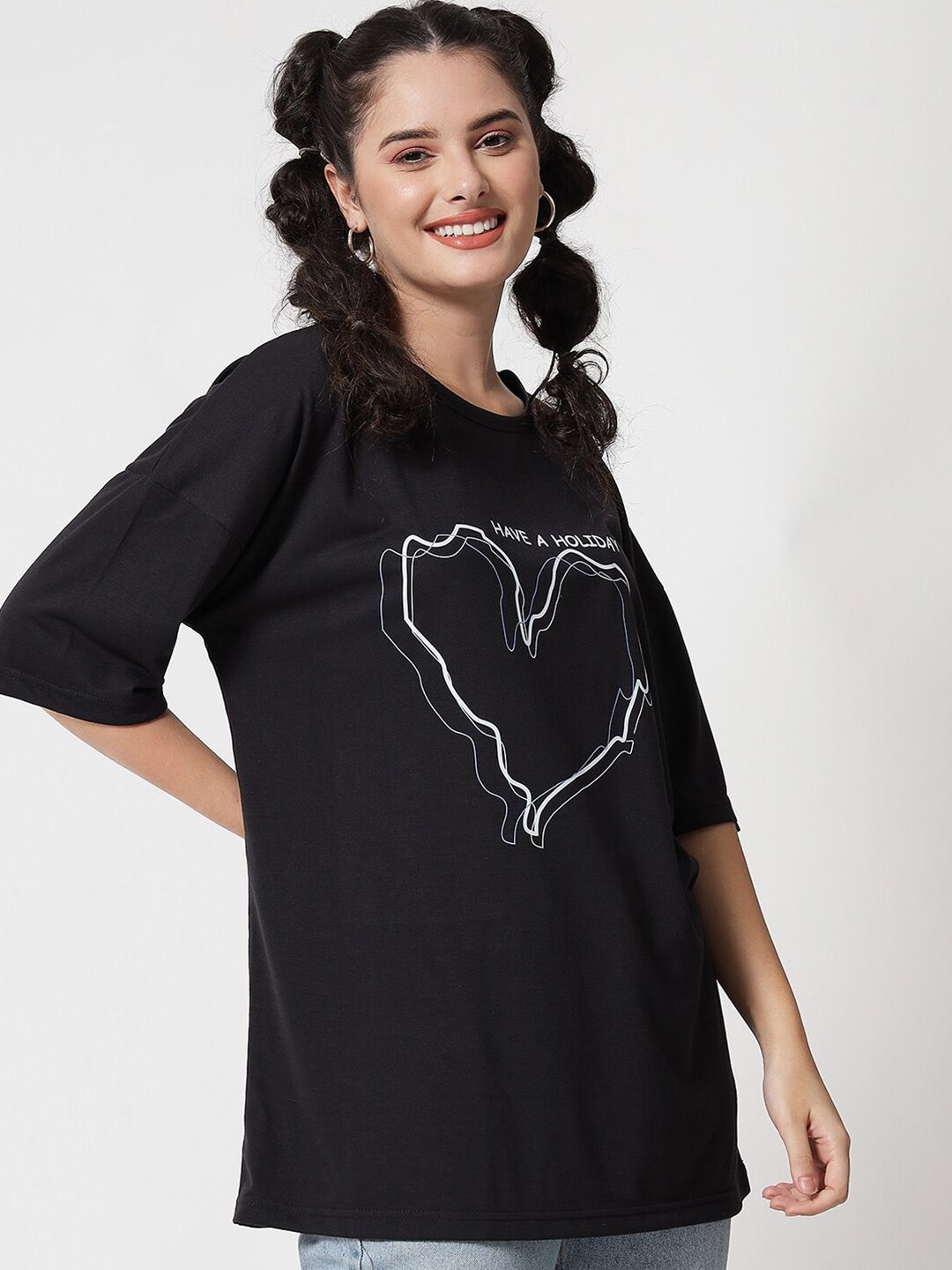 Kotty Women Black Typography Printed Extended Sleeves Oversized T-shirt