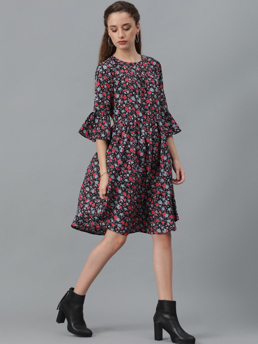 Kotty Black & Red Floral Printed Flared Sleeves Crepe Gathered Fit & Flare Dress