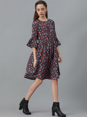 Kotty Black & Red Floral Printed Flared Sleeves Crepe Gathered Fit & Flare Dress
