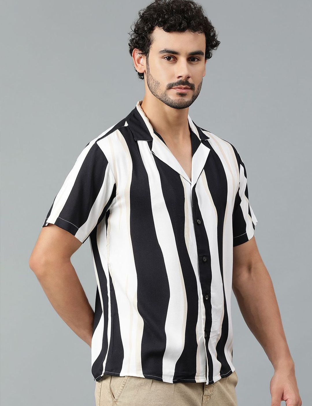 Kotty Men Cuban Collar Striped Casual Shirt