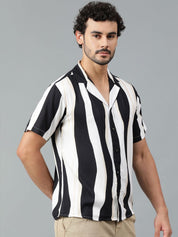 Kotty Men Cuban Collar Striped Casual Shirt