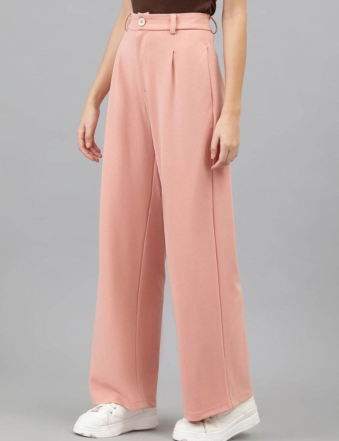 Kotty Women Pink Relaxed Straight Leg Straight Fit High-Rise Easy Wash Pleated Trousers