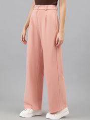 Kotty Women Pink Relaxed Straight Leg Straight Fit High-Rise Easy Wash Pleated Trousers