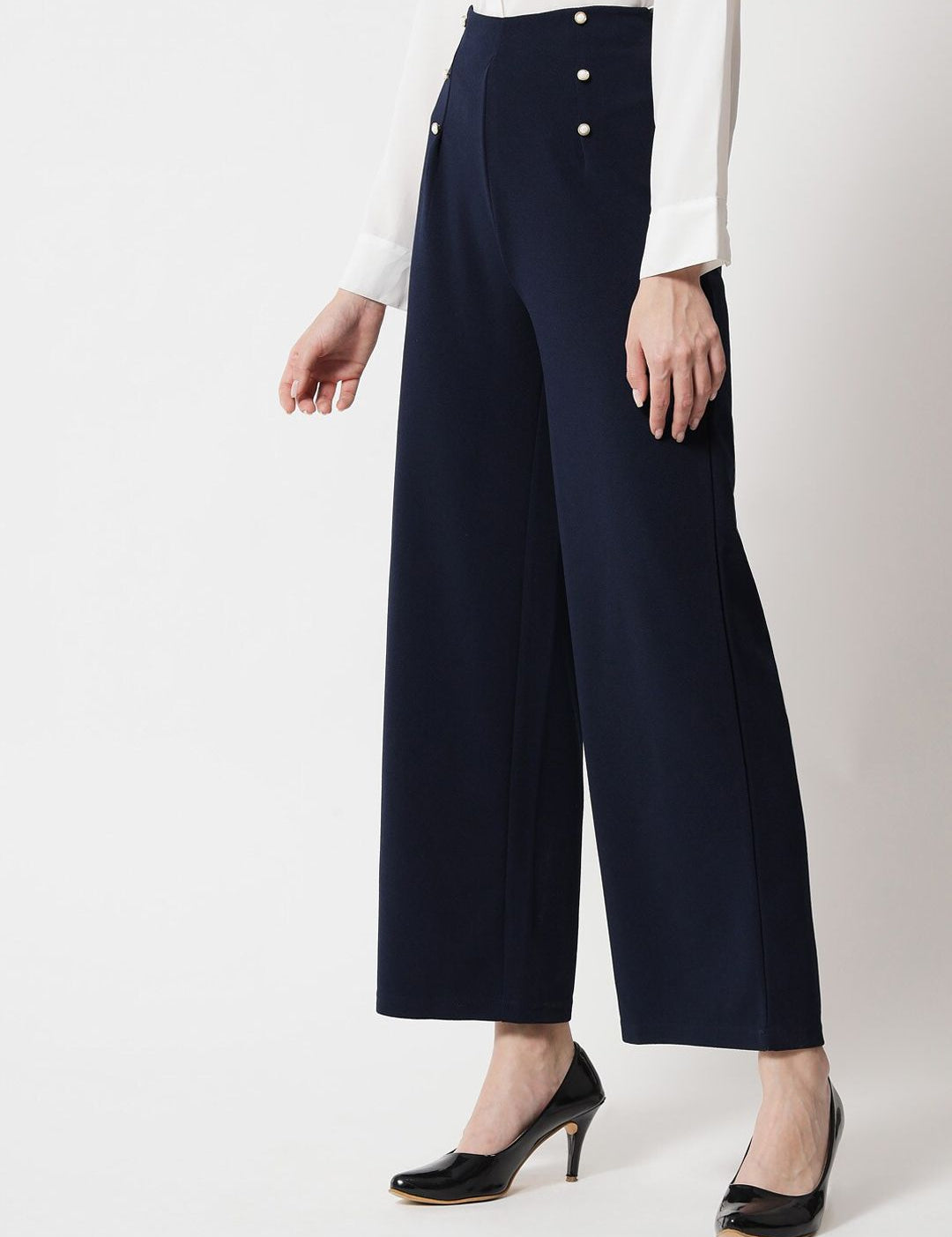 Kotty Women Navy Blue Relaxed Straight Fit High-Rise Easy Wash Trousers