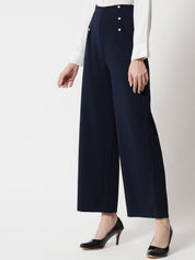 Kotty Women Navy Blue Relaxed Straight Fit High-Rise Easy Wash Trousers