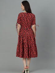 Kotty Black & Red Floral Printed Crepe Tiered Fit & Flare Midi Dress