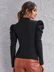 Kotty Black High Neck Puff Sleeves Satin Top