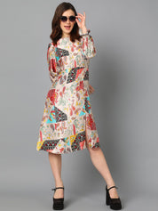 Kotty Floral Printed Boat Neck Puff Sleeve Satin A-Line Dress