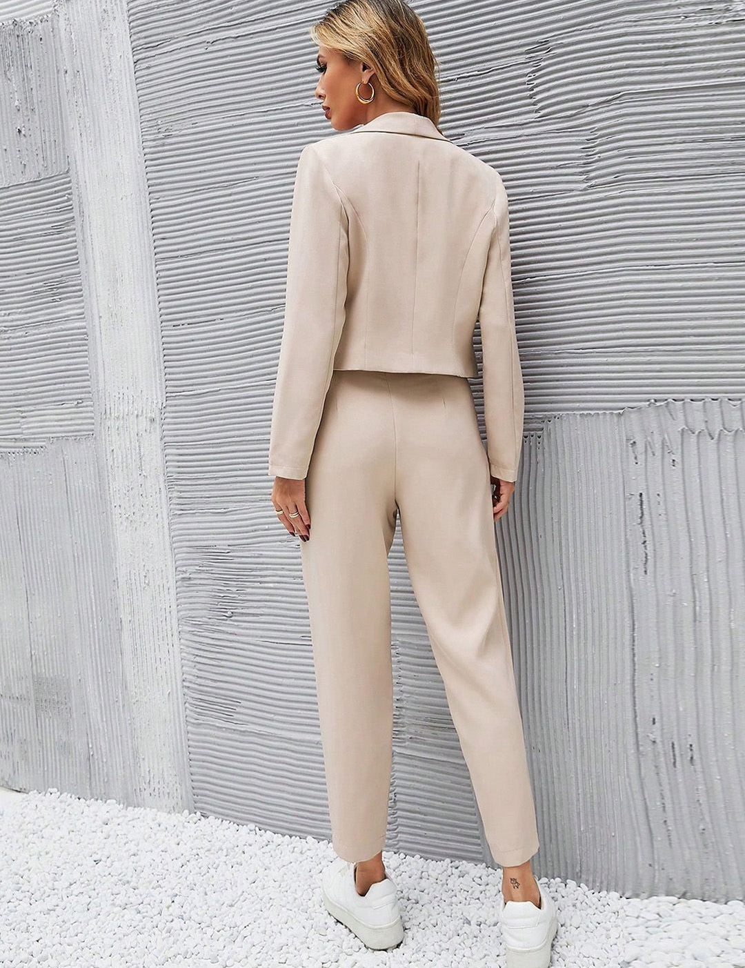 Kotty Beige Notched Lapel Collar Long Sleeves Blazer With Trouser