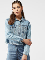 Kotty Women Blue Solid Crop Denim Jacket