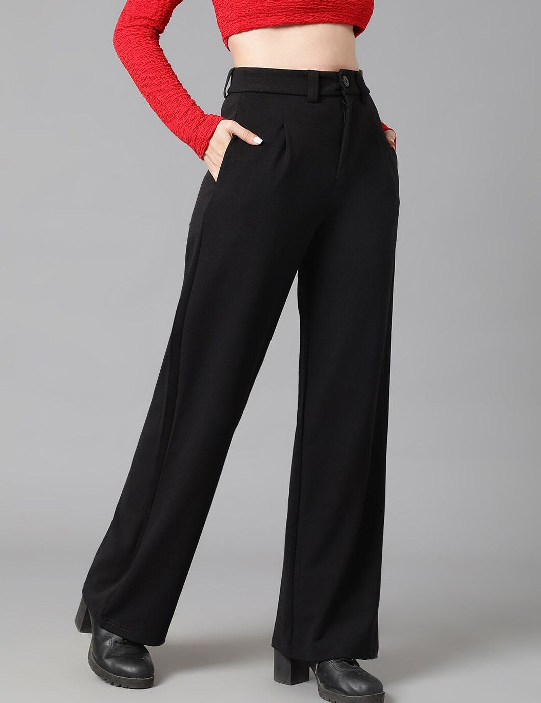 KOTTY BIZwear Women Relaxed Straight Leg High-Rise Easy Wash Straight Fit Parallel Trousers
