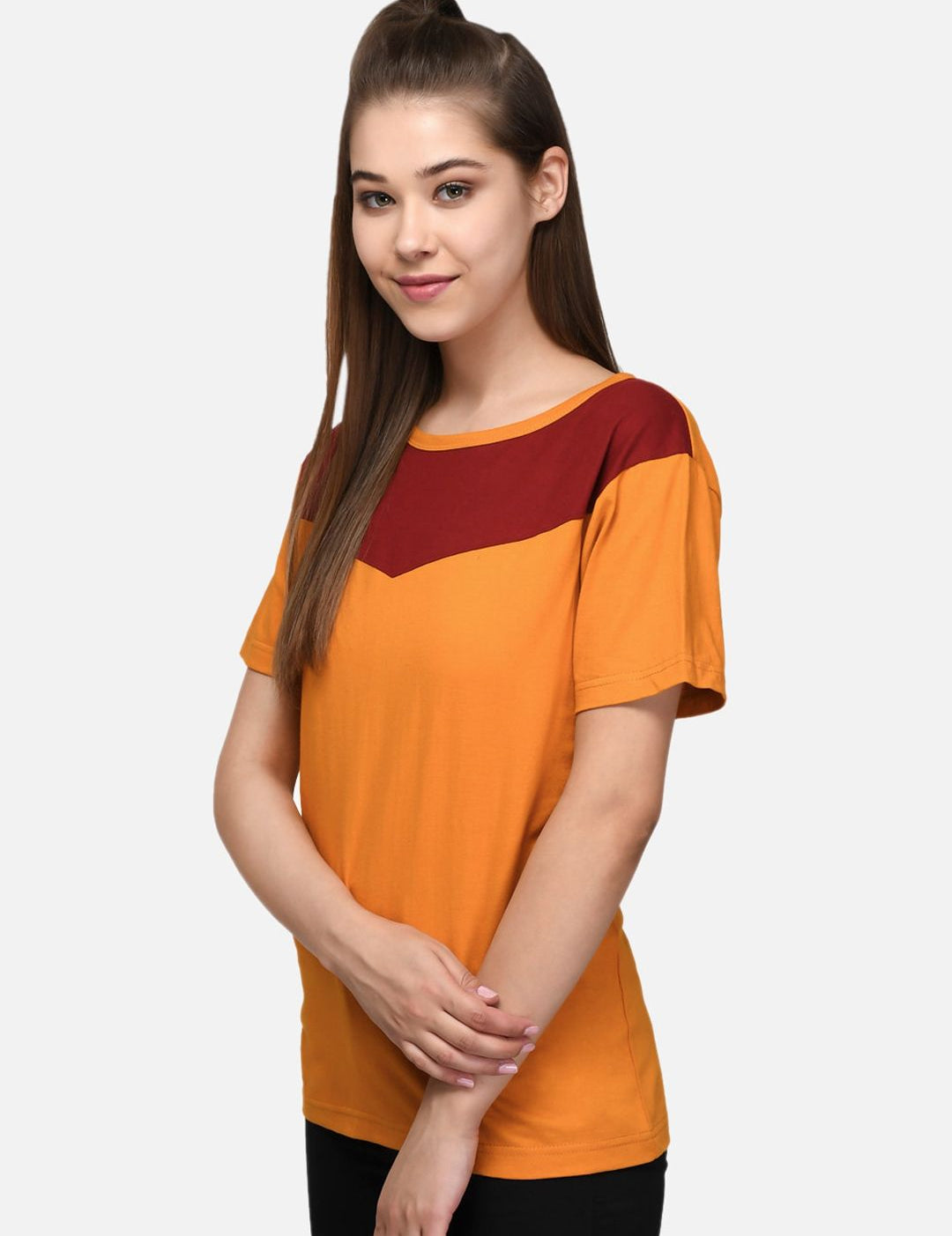 Kotty Women Maroon & Orange Colourblocked Boat Neck T-shirt