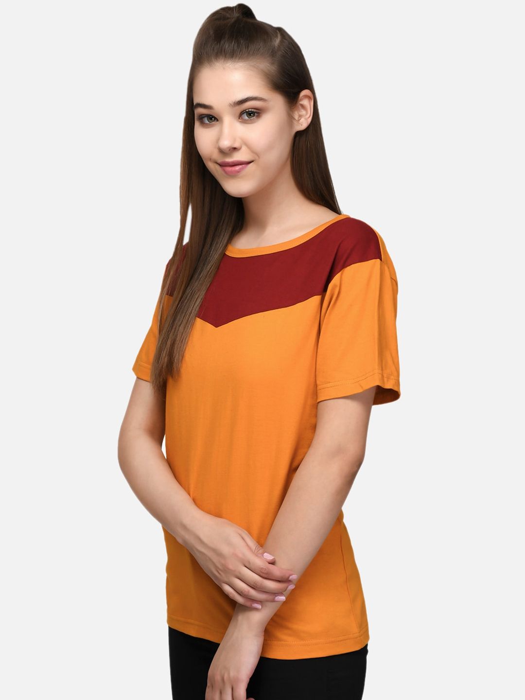 Kotty Women Maroon & Orange Colourblocked Boat Neck T-shirt