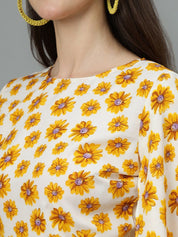 Kotty Floral Print Flared Sleeve Crepe Cinched Waist Top