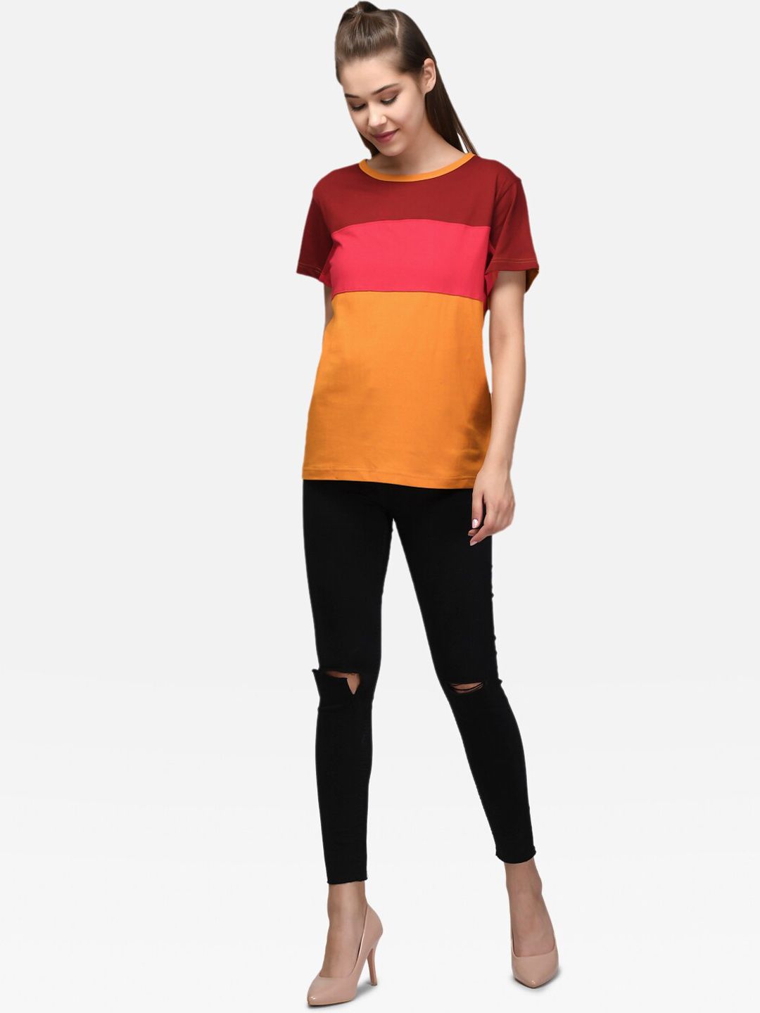 Kotty Women Maroon & Yellow Colourblocked Round Neck T-shirt