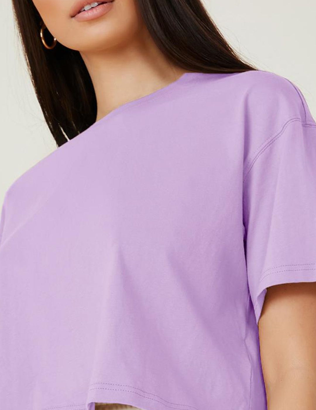 KOTTY Basics Purple Round Neck Drop-Shoulder Sleeves Crop Oversized T-shirt