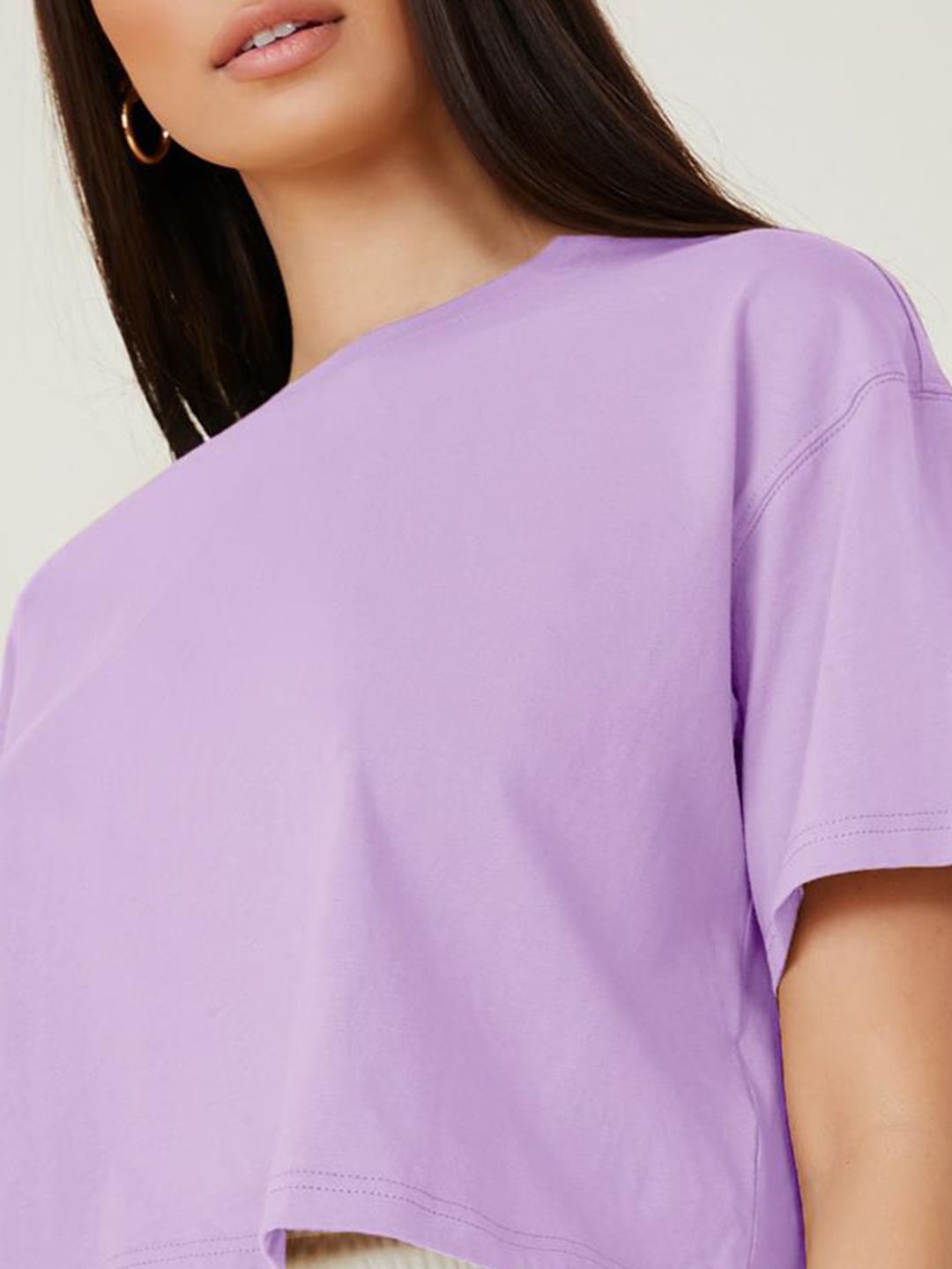 KOTTY Basics Purple Round Neck Drop-Shoulder Sleeves Crop Oversized T-shirt
