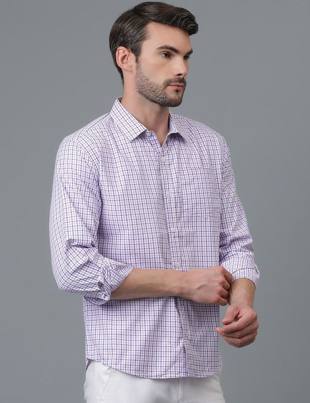 Kotty White & Blue New Gingham Checks Checked Spread Collar Casual Shirt