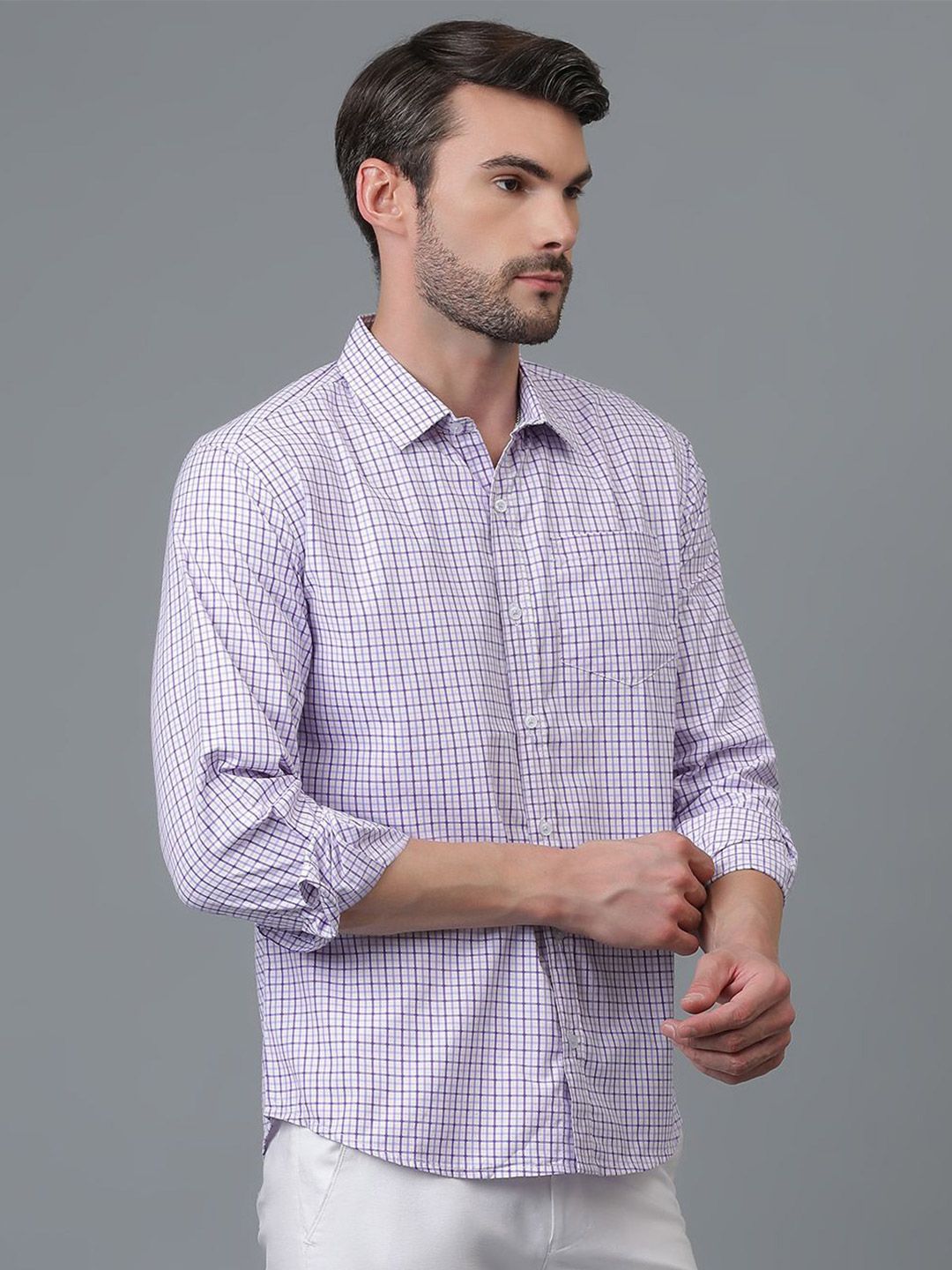 Kotty White & Blue New Gingham Checks Checked Spread Collar Casual Shirt