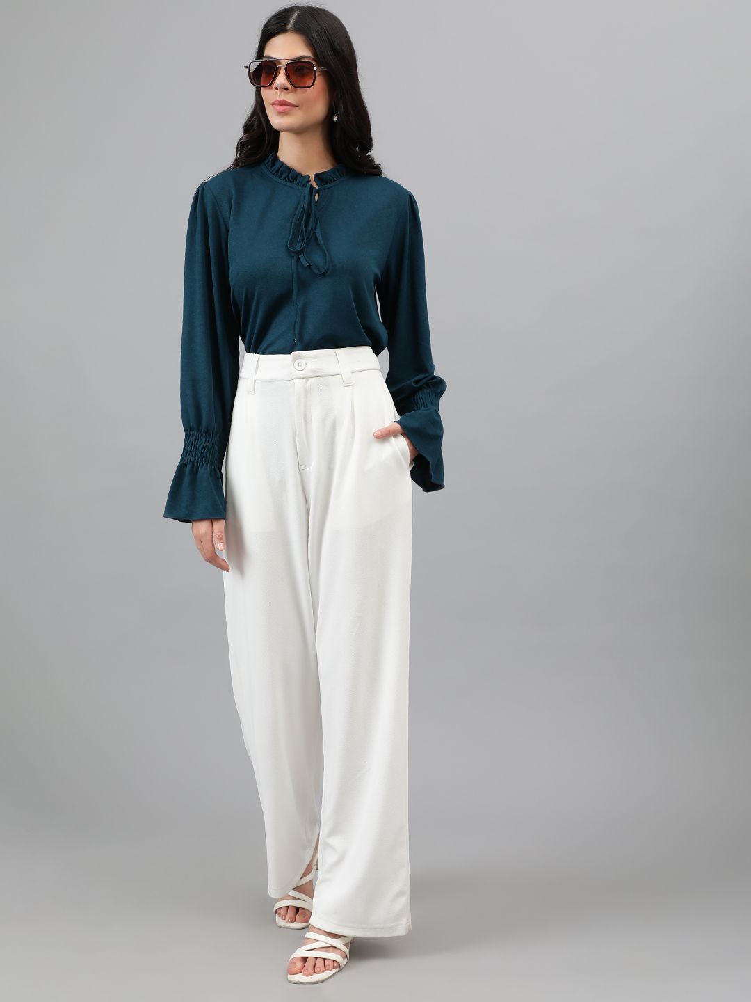 KOTTY BIZwear Tie-Up Neck Bell Sleeve Solid Top