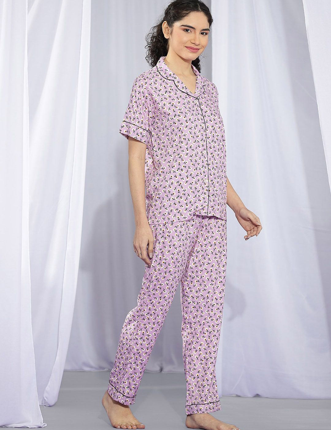 Kotty Purple & White Floral Printed Night Suit