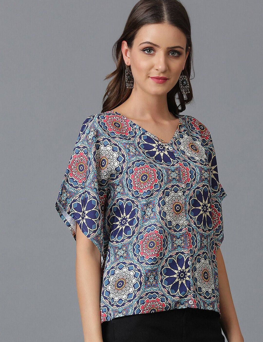 Kotty Blue Floral Printed V-Neck Flared Sleeves Top